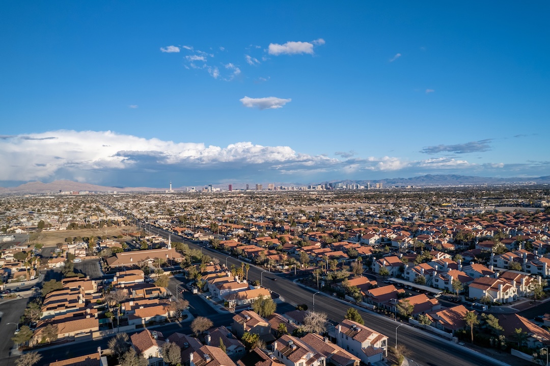 Aerial view of striped parking lot at an HOA community